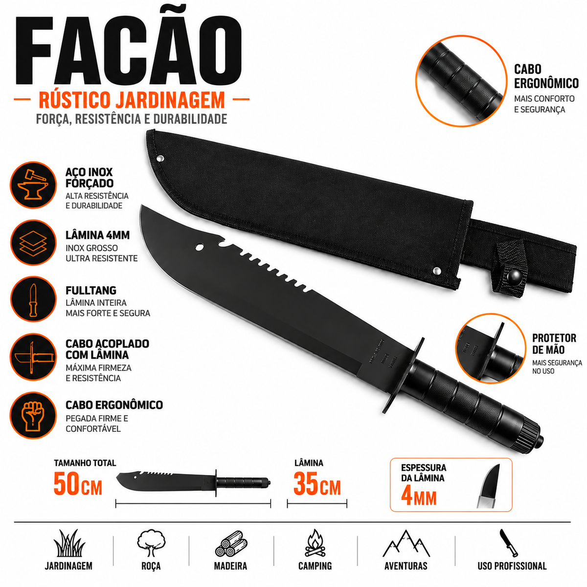 Facão Profissional em Aço Inox