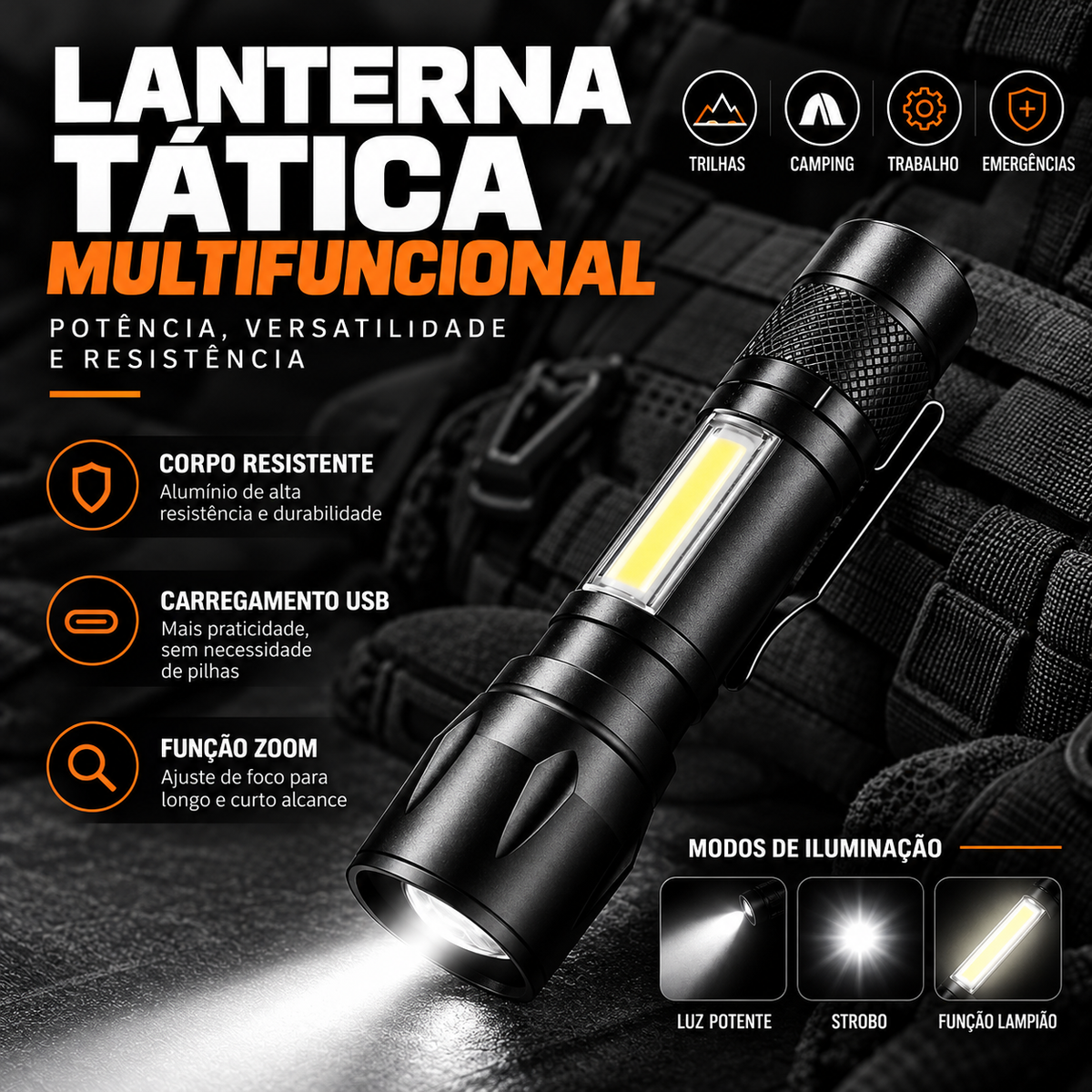 Kit Sobrevivência: Faca Militar + Lanterna Tática com Zoom Regulável