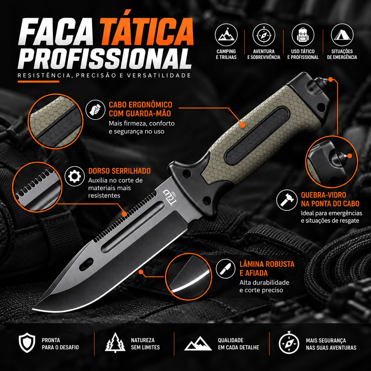 Kit Sobrevivência: Faca Militar + Lanterna Tática com Zoom Regulável