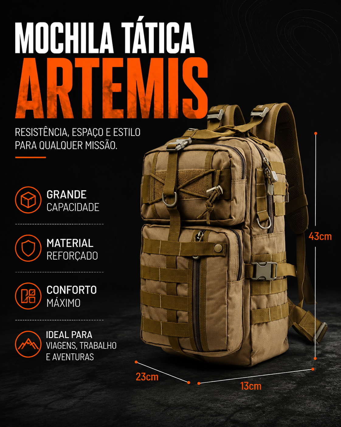 Mochila Tática Artemis 40 Litros - Preto