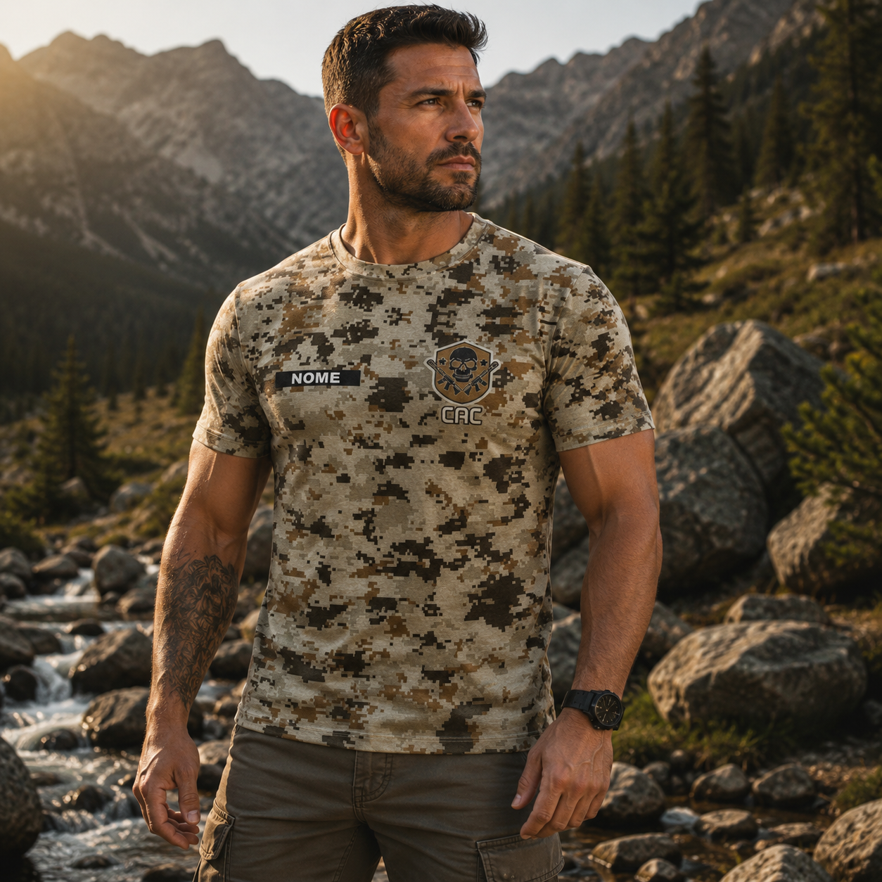 Camiseta Masculina Dry Fit com Proteção UV CAC Atirador Caveira - NOME GRÁTIS