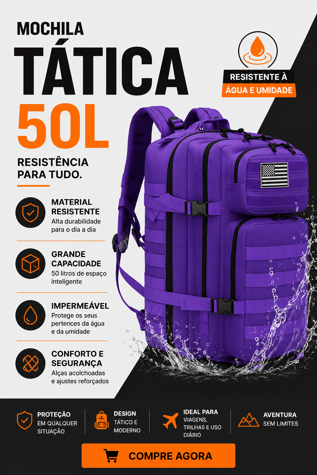 Mochila Tática Outdoor 50 Litros - Roxa