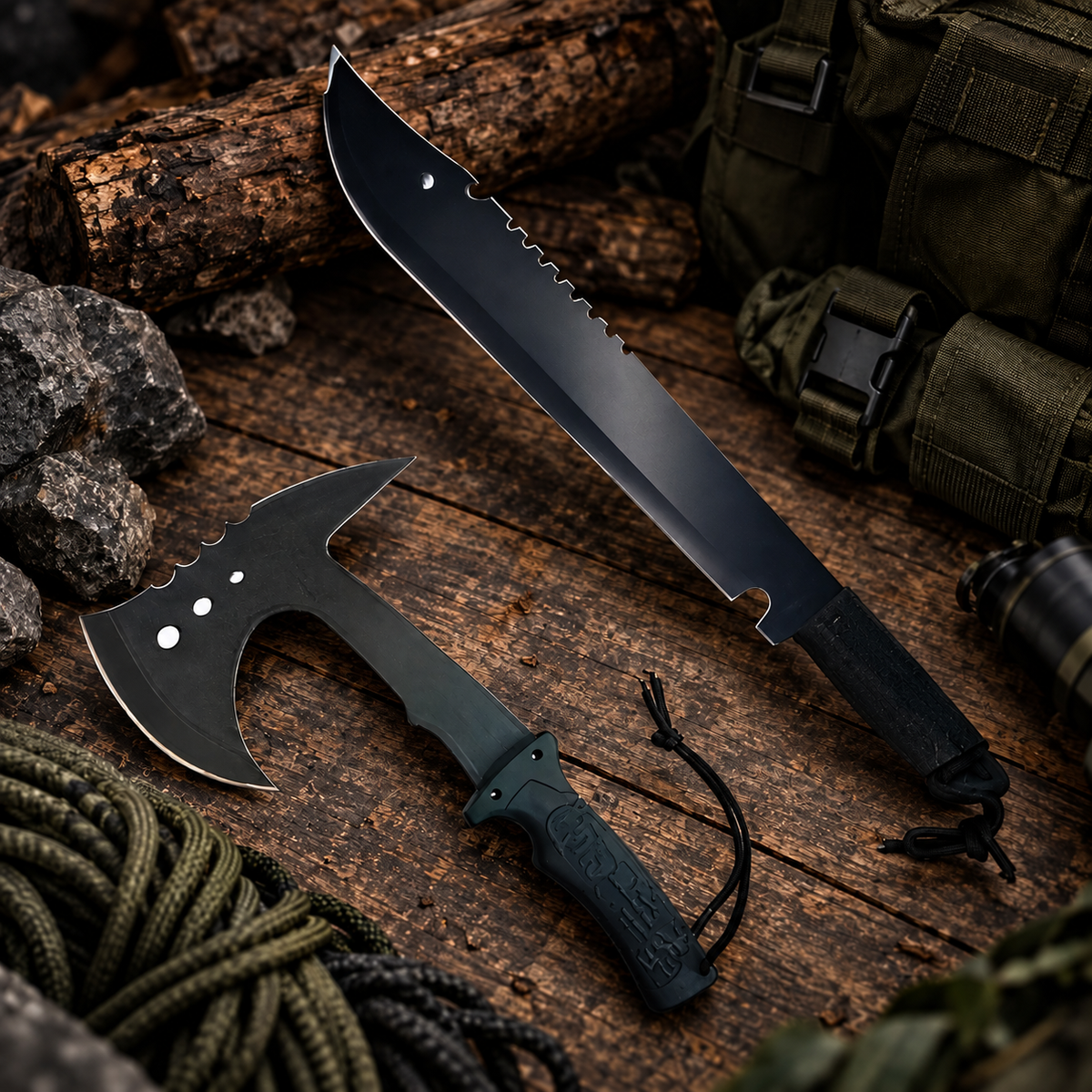 Kit Sobrevivência Tático: Facão Militar Full Tang + Machado Tático