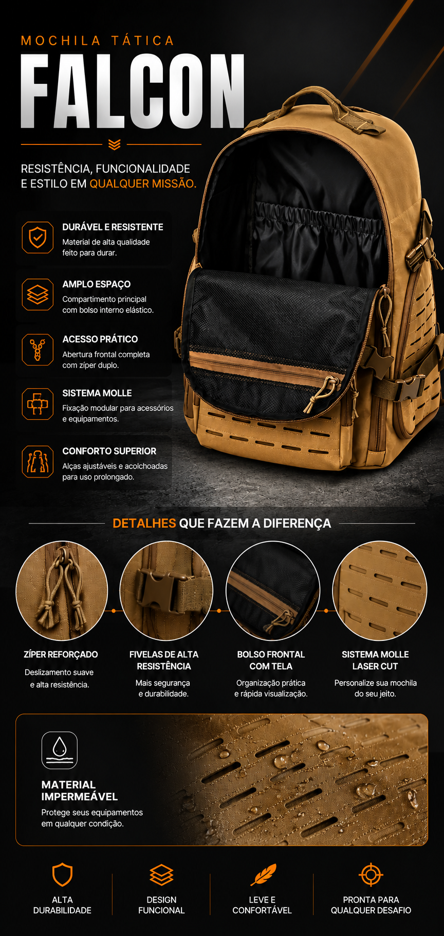 Mochila Tática Falcon 40 Litros - Cáqui
