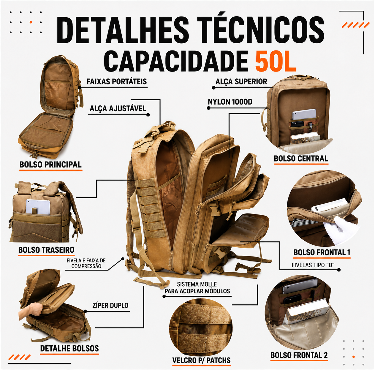 Mochila Tática Outdoor 50 Litros - Cáqui