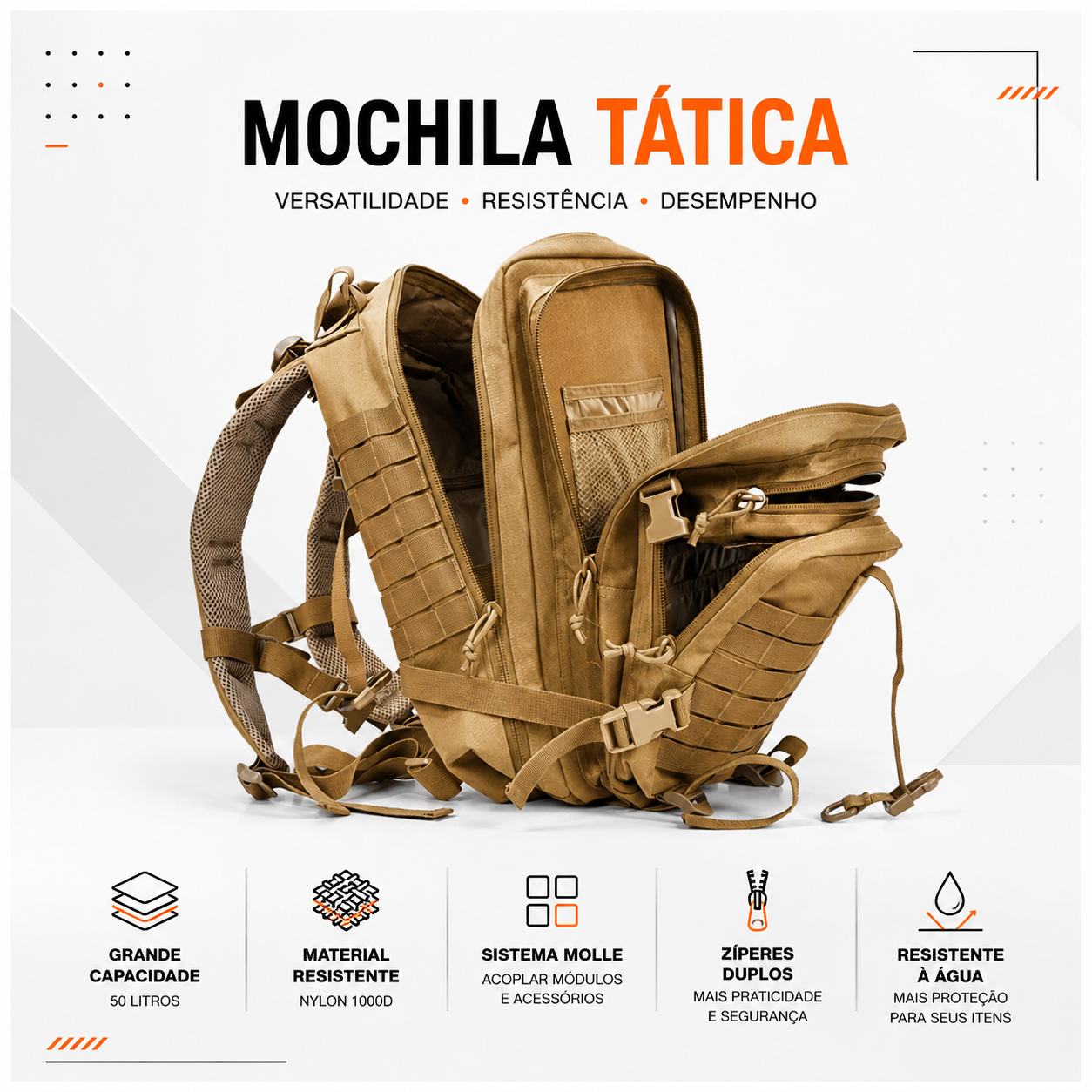 Mochila Tática Outdoor 50 Litros - Cáqui