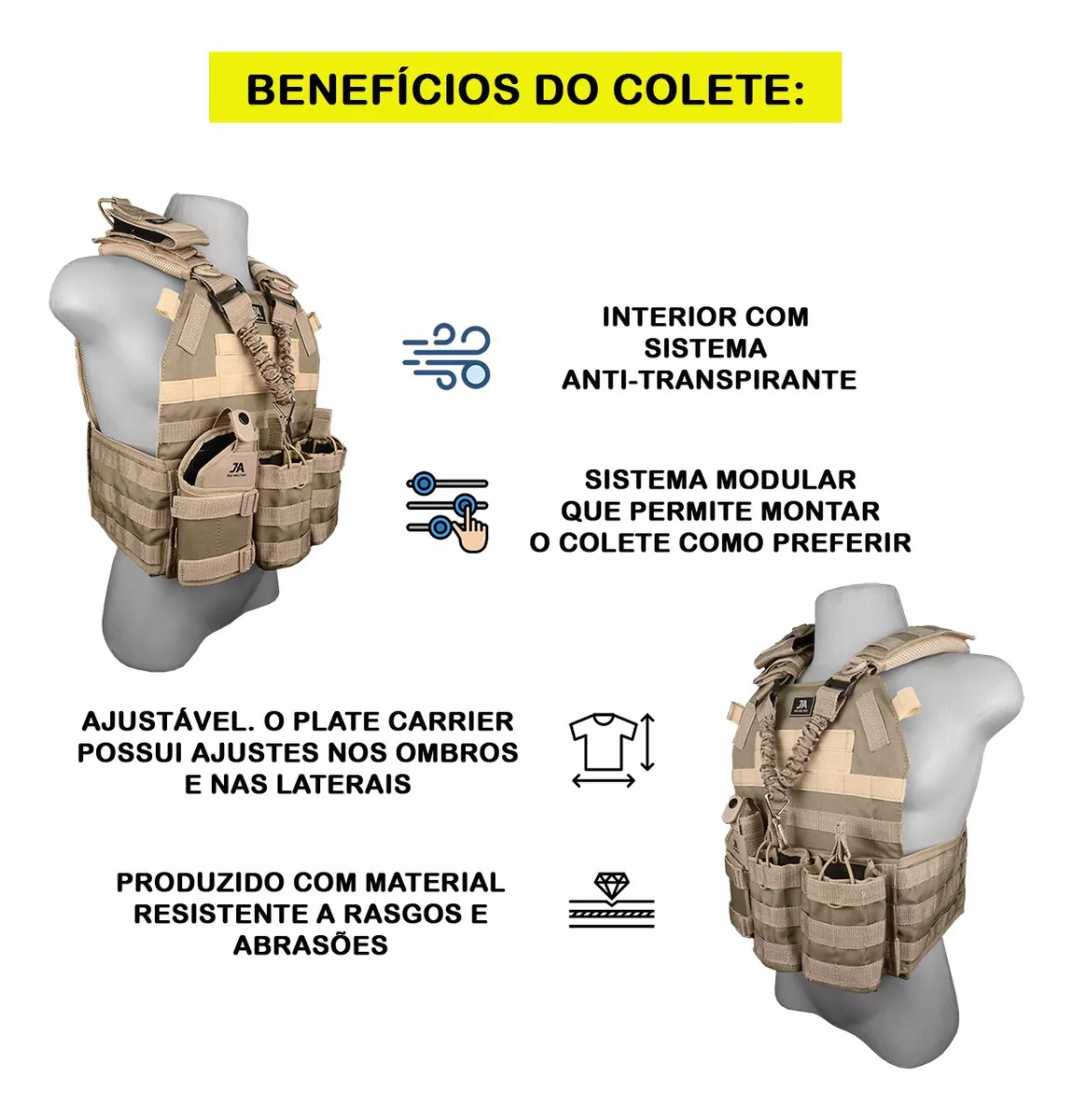Capa de colete modular Plate Carrier com 5 acessórios JA Rio Militar®️ - Preto