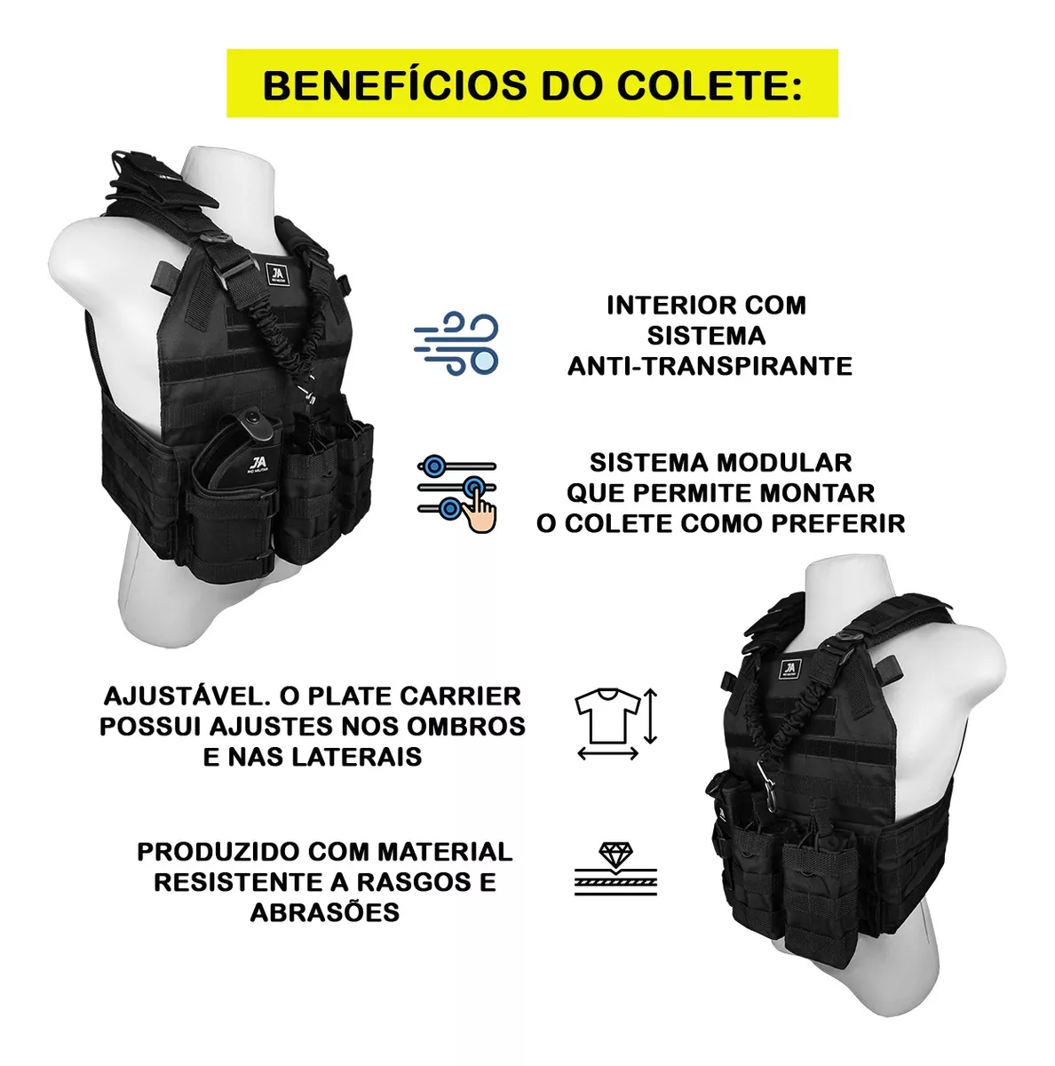 Capa de colete modular Plate Carrier com 5 acessórios JA Rio Militar®️ - Preto