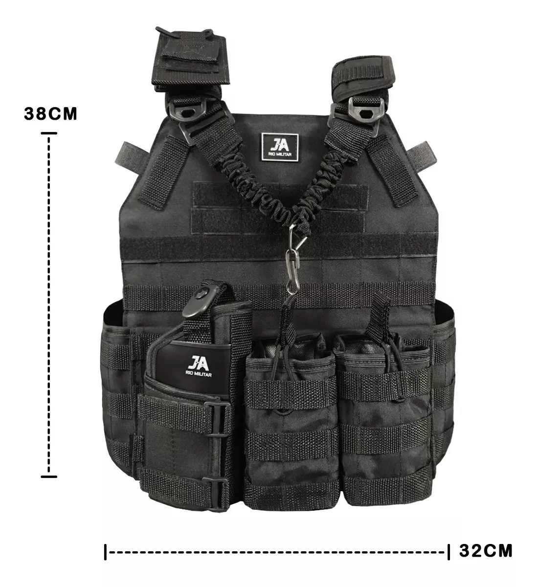Capa de colete modular Plate Carrier com 5 acessórios JA Rio Militar®️ - Preto