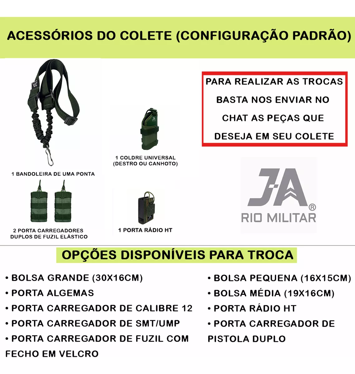 Capa de colete modular Plate Carrier com 5 acessórios JA Rio Militar®️ - Verde Oliva