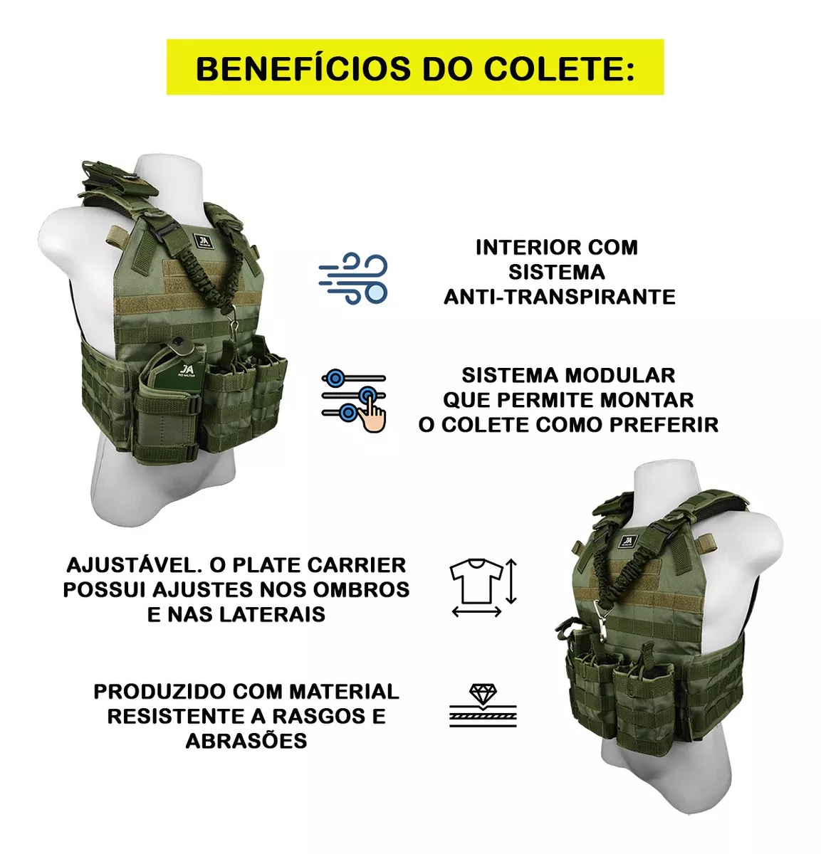 Capa de colete modular Plate Carrier com 5 acessórios JA Rio Militar®️ - Verde Oliva