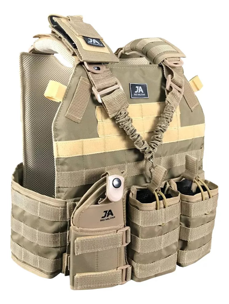 Capa de colete modular Plate Carrier com 5 acessórios JA Rio Militar®️ - Cáqui
