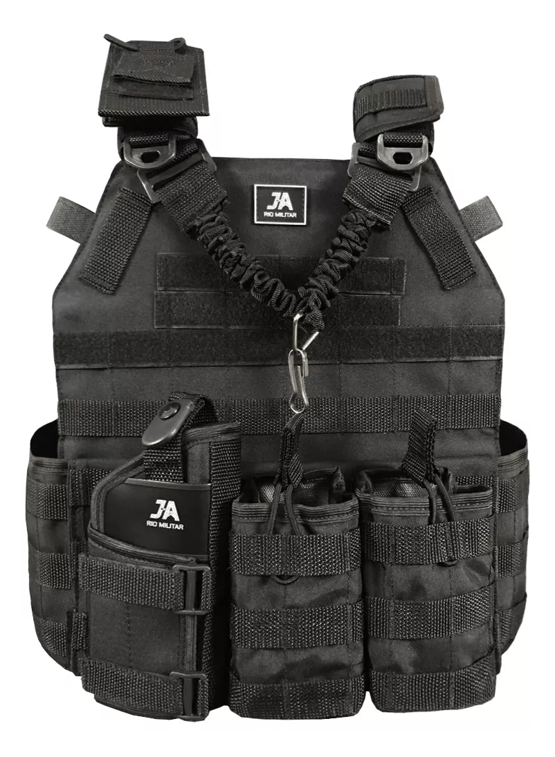 Capa de colete modular Plate Carrier com 5 acessórios JA Rio Militar®️ - Preto