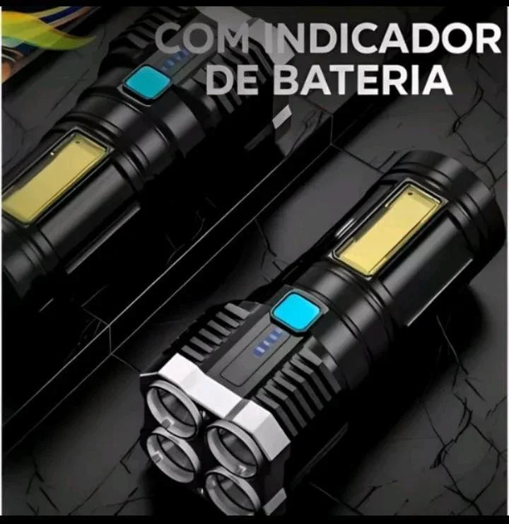 Lanterna Tática 4 LEDs Recarregável e com Indicador de Bateria