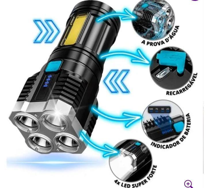 Lanterna Tática 4 LEDs Recarregável e com Indicador de Bateria