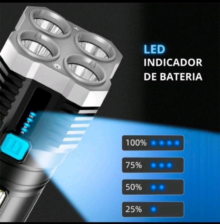 Lanterna Tática 4 LEDs Recarregável e com Indicador de Bateria