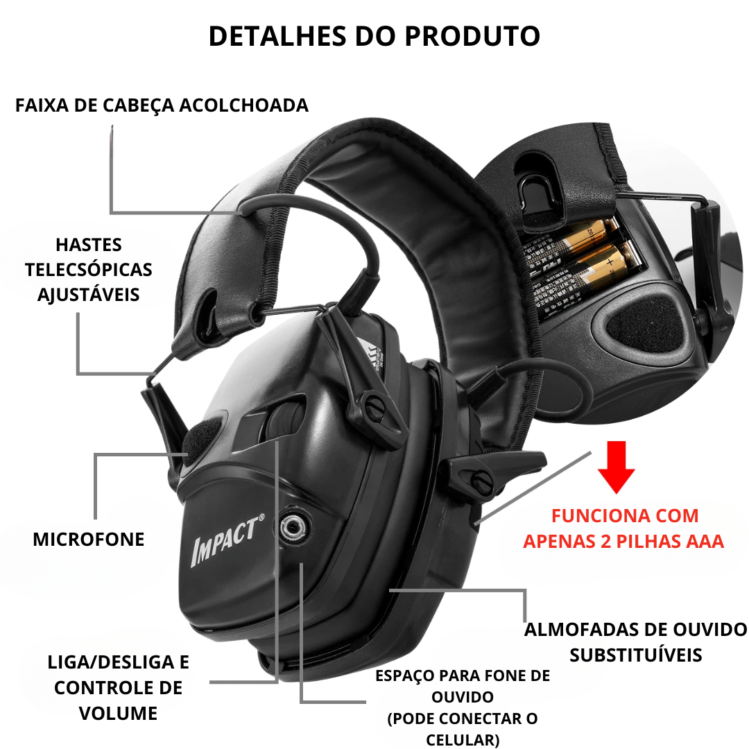 Abafador/Protetor Auricular Eletrônico Impact + Estojo