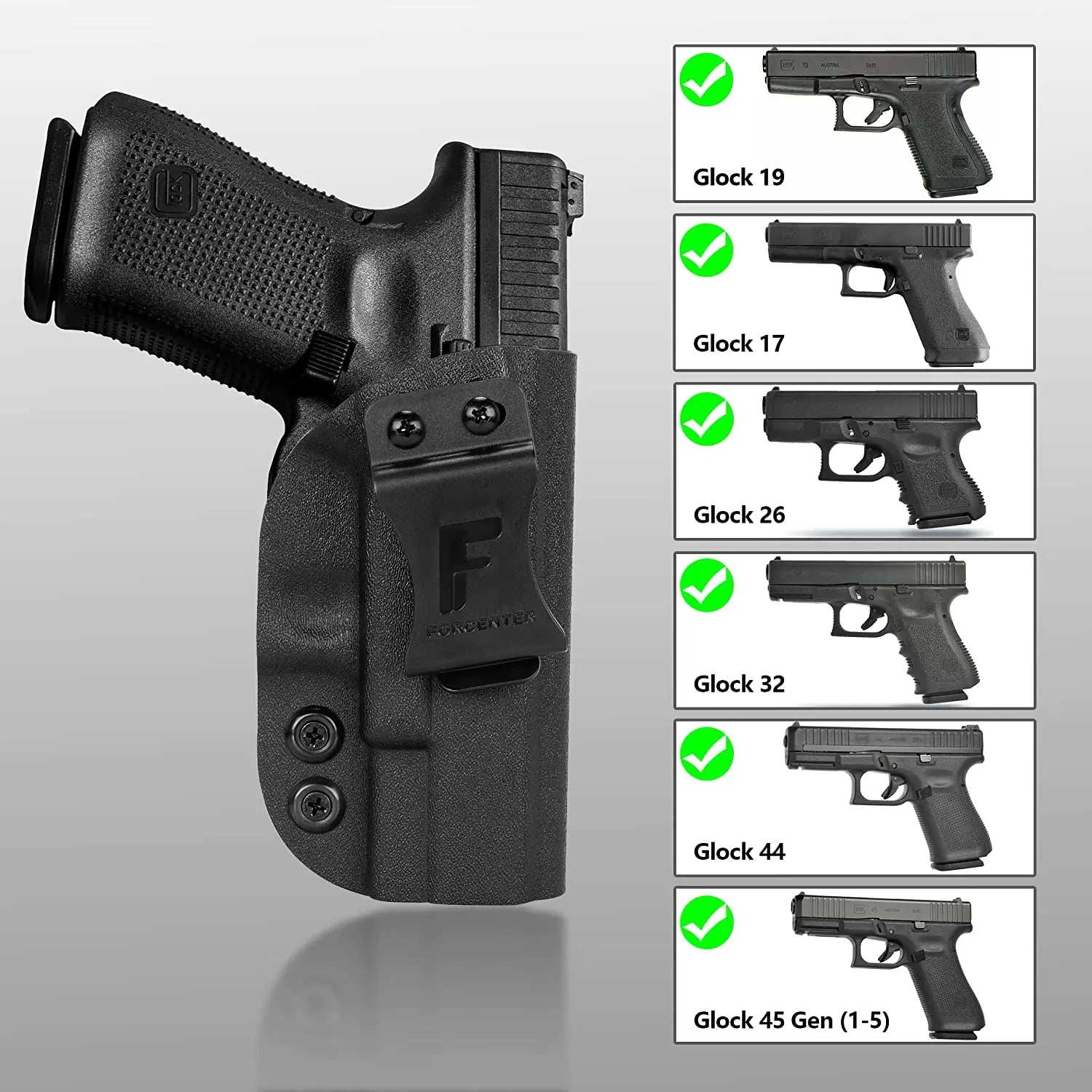 Coldre de Kydex Glock G17, G19, G19X, G26, G32, G44 e G45 (Gerações 1 a 5)