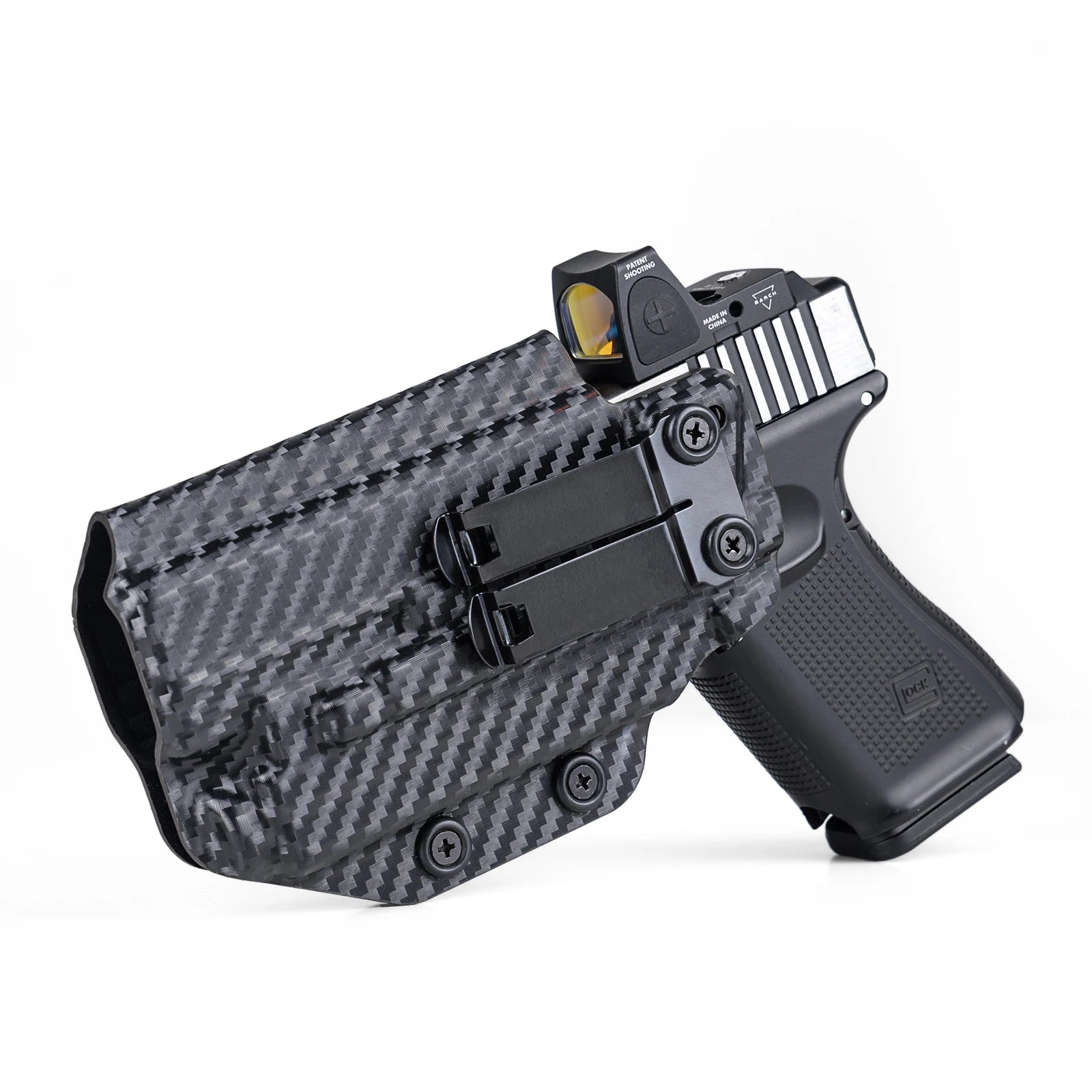 Coldre Velado de Kydex ou Fibra de Carbono p/ Glock - G19 / G19X / G44 / G45 / G22 /G23 / G31 /G32 com Lanterna e Red Dot