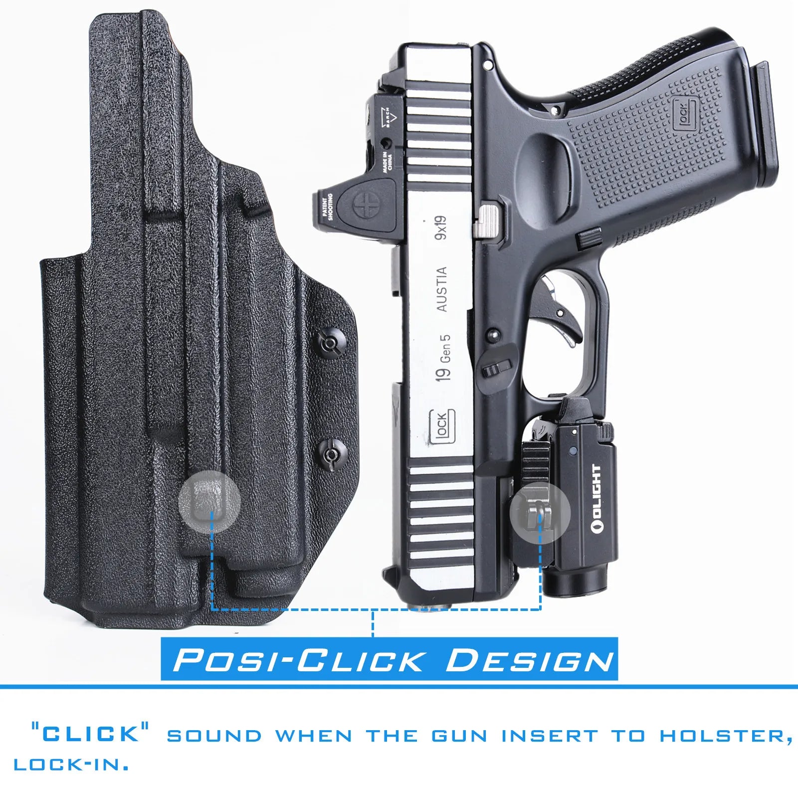 Coldres para Glock G17, G19, G19X (Gen 1-5), G44, G45, G22, G23, G31, G32 (Gen 1-4) com Olight