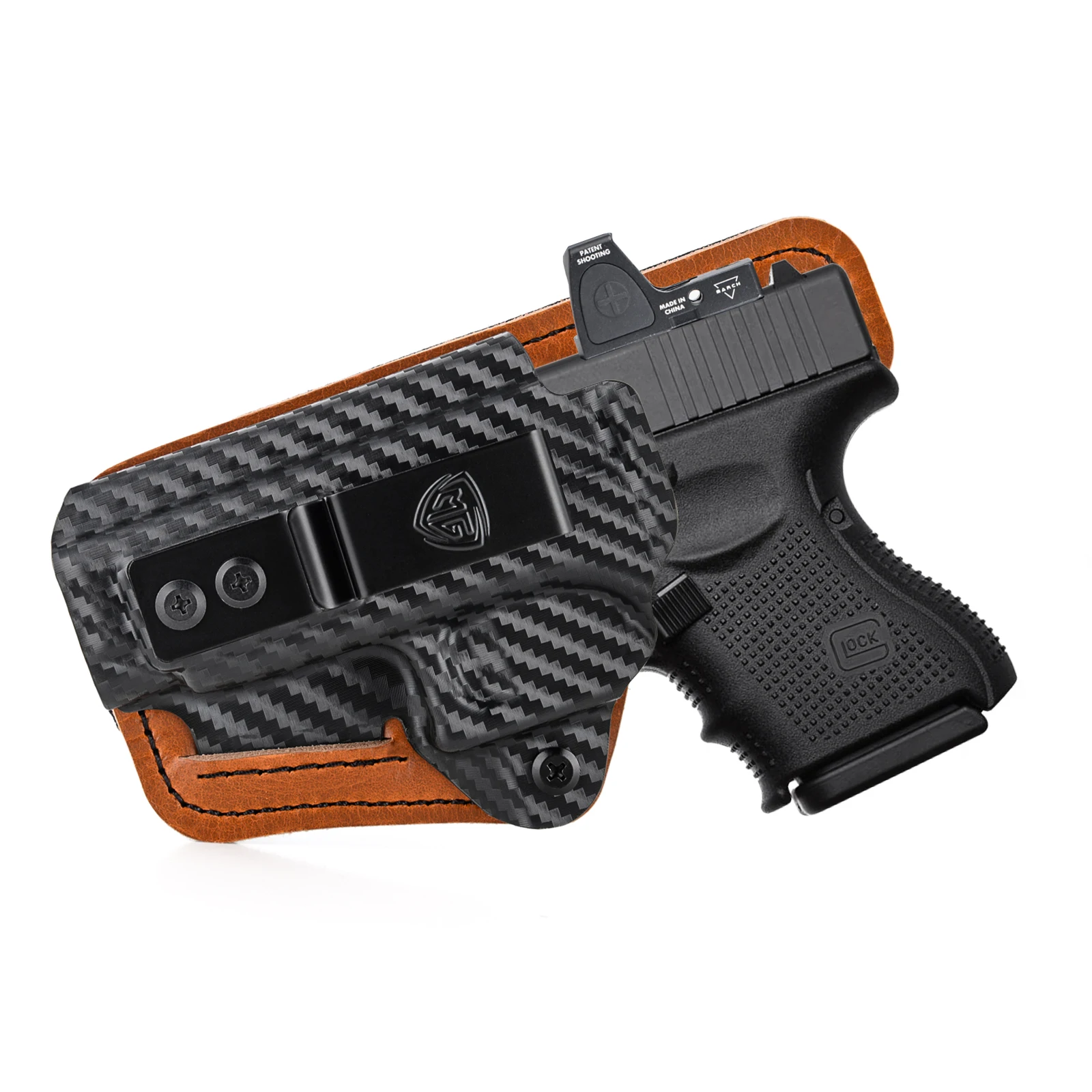 Coldre de Kydex ou Fibra de Carbono + Couro - Glock G26, G27 e G33 com Red Dot