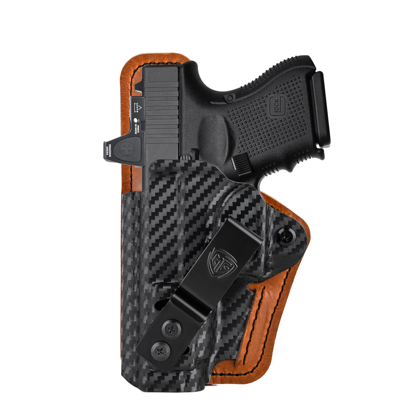 Coldre de Kydex ou Fibra de Carbono + Couro - Glock G26, G27 e G33 com Red Dot