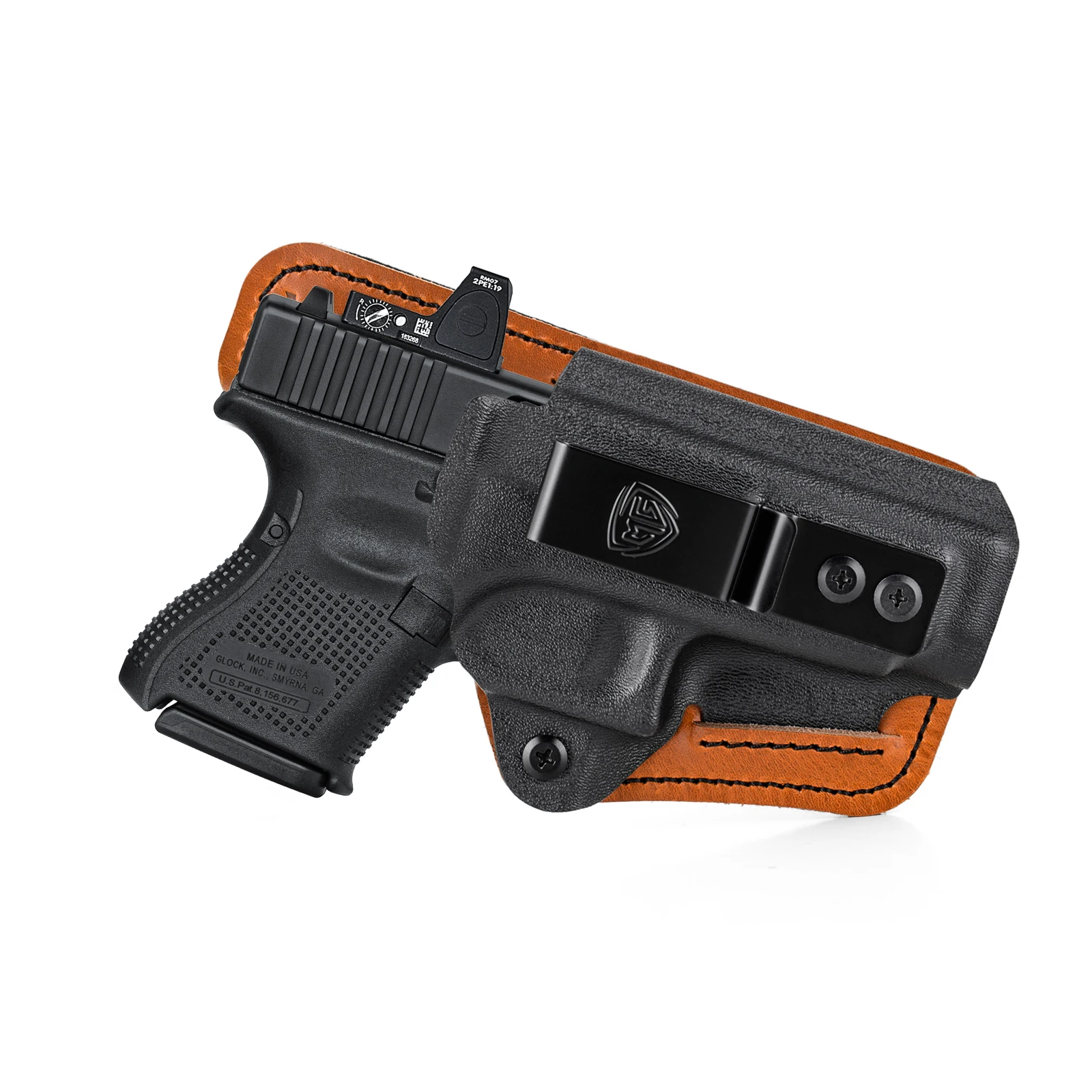 Coldre de Kydex ou Fibra de Carbono + Couro - Glock G26, G27 e G33 com Red Dot