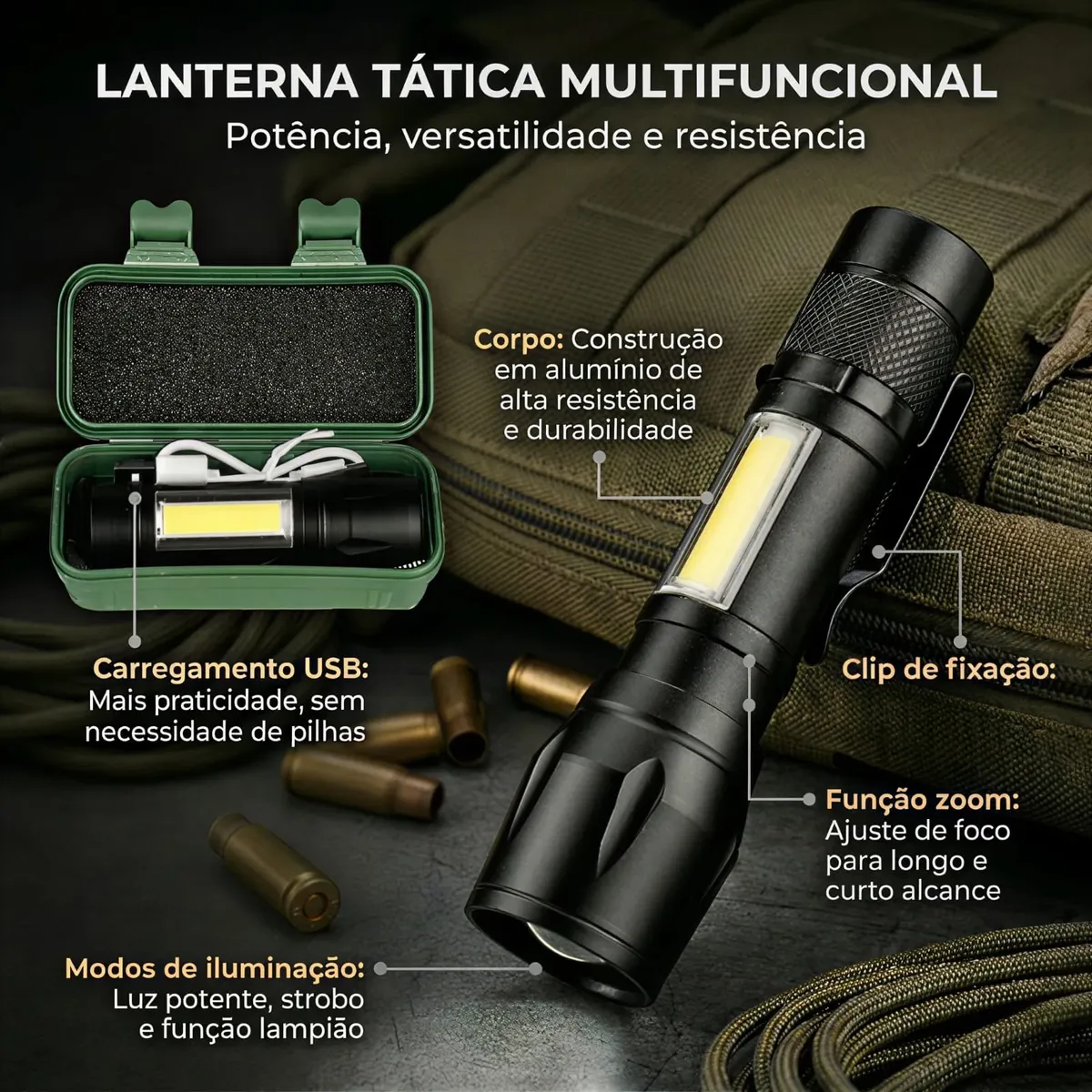 Kit Sobrevivência: Faca Militar + Lanterna Tática com Zoom Regulável