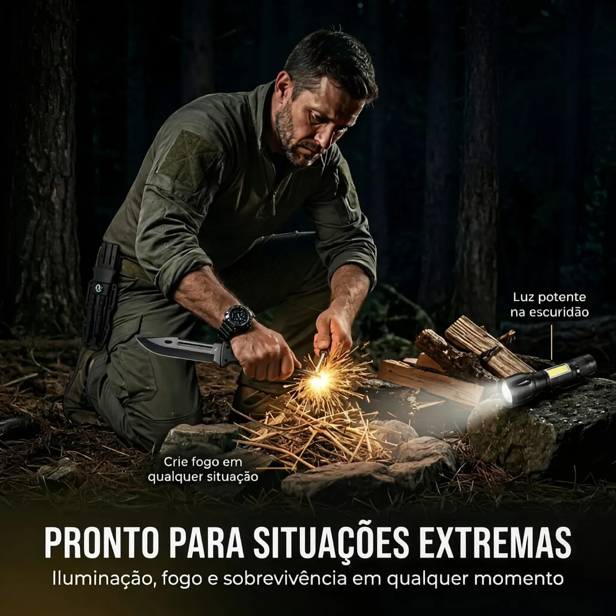 Kit Sobrevivência: Faca Militar + Lanterna Tática com Zoom Regulável