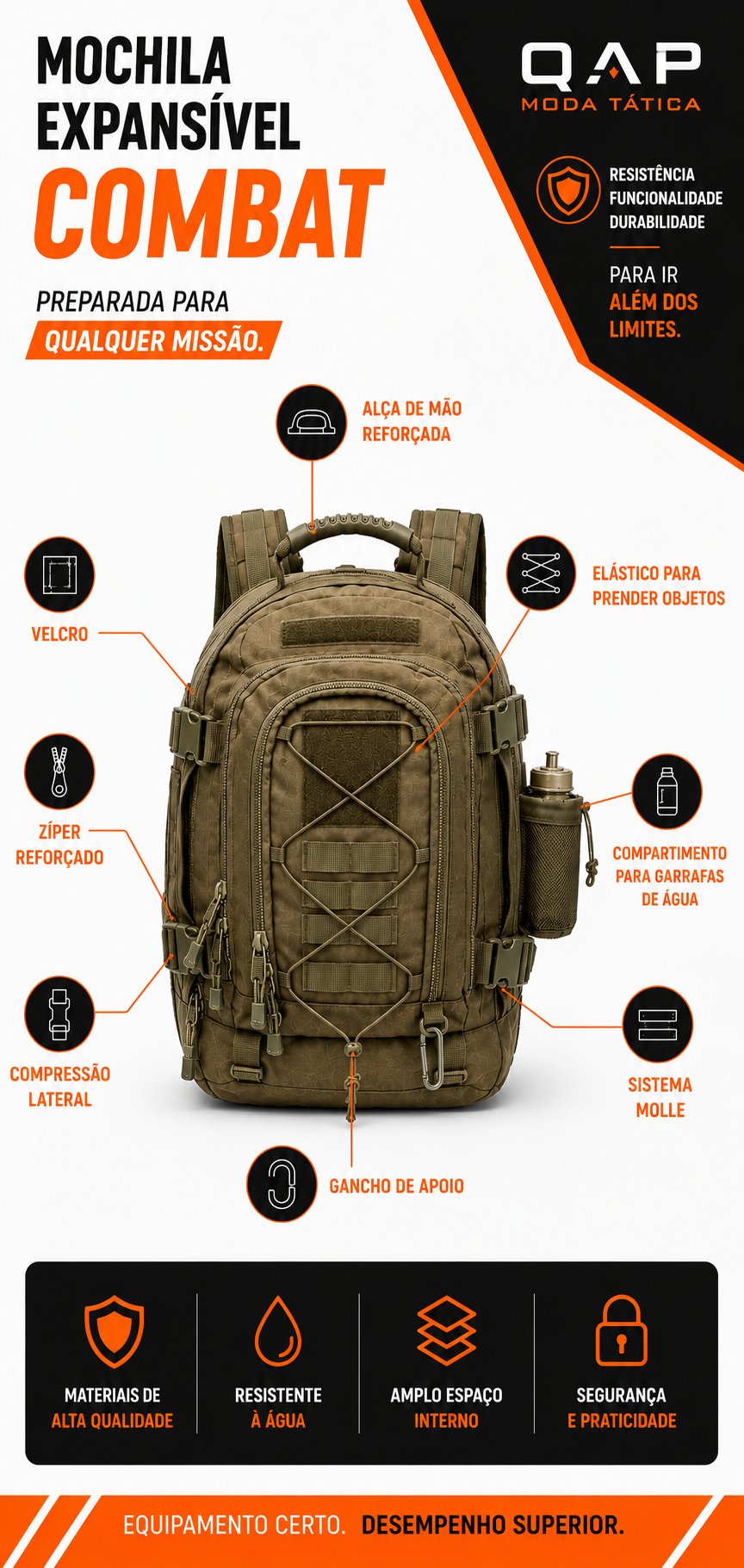 Mochila 40L > 60L Combat® - Verde Oliva