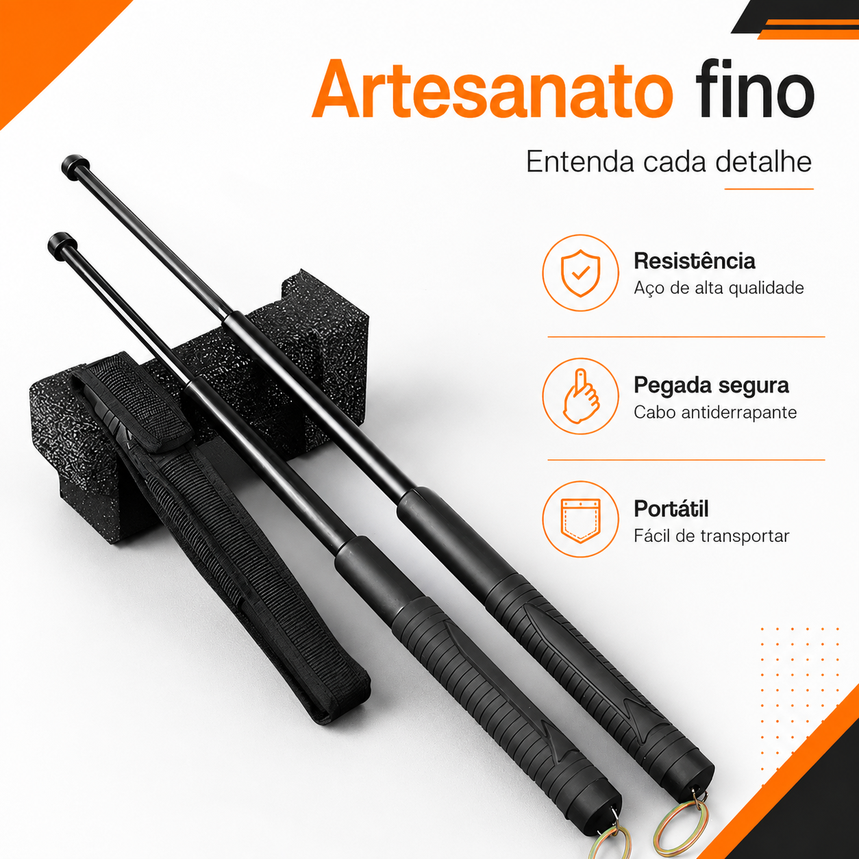Bastão Retrátil em Aço inoxidável - Cabo emborrachado