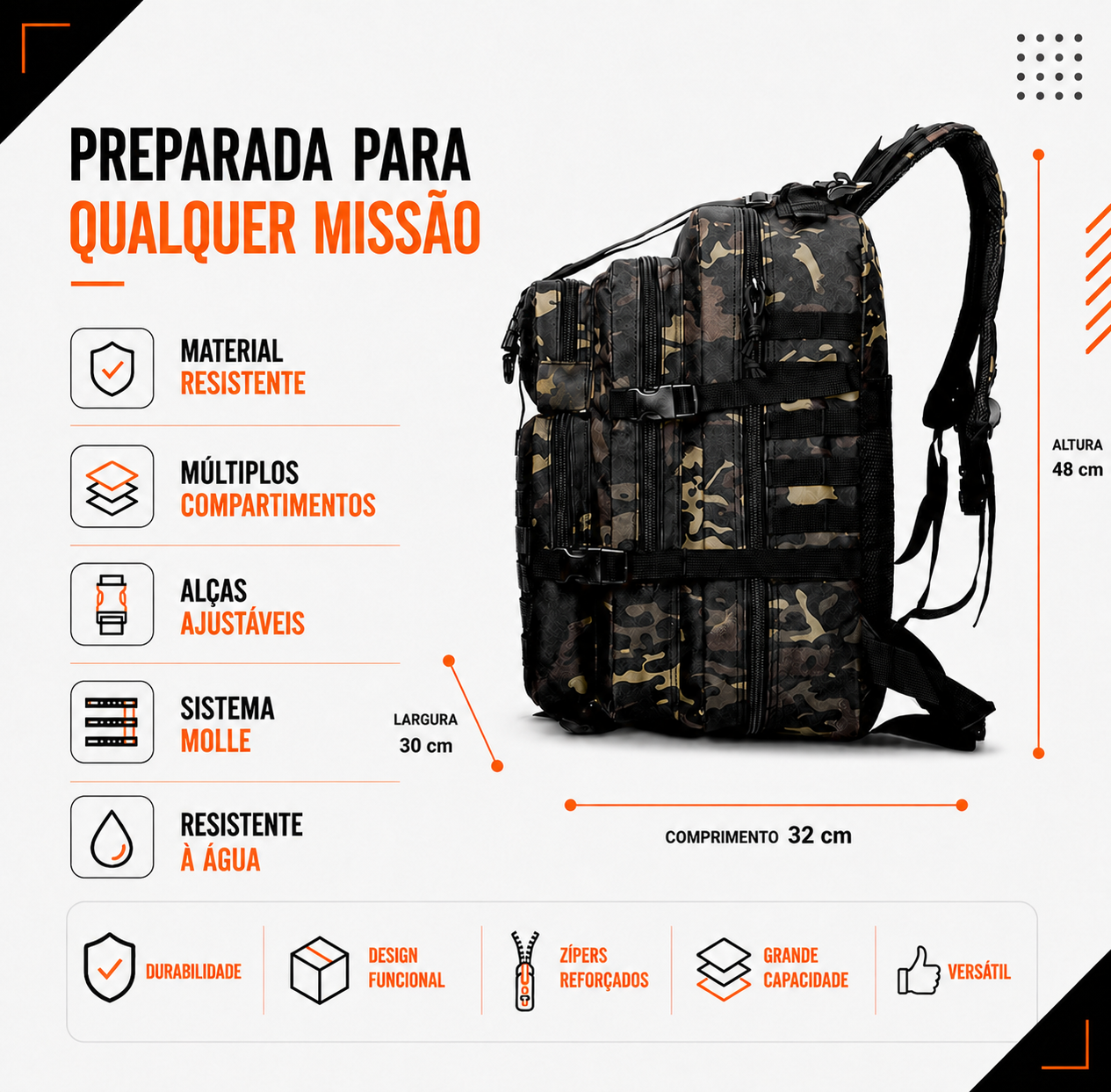 Mochila Tática Outdoor 50 Litros - Multicam Black