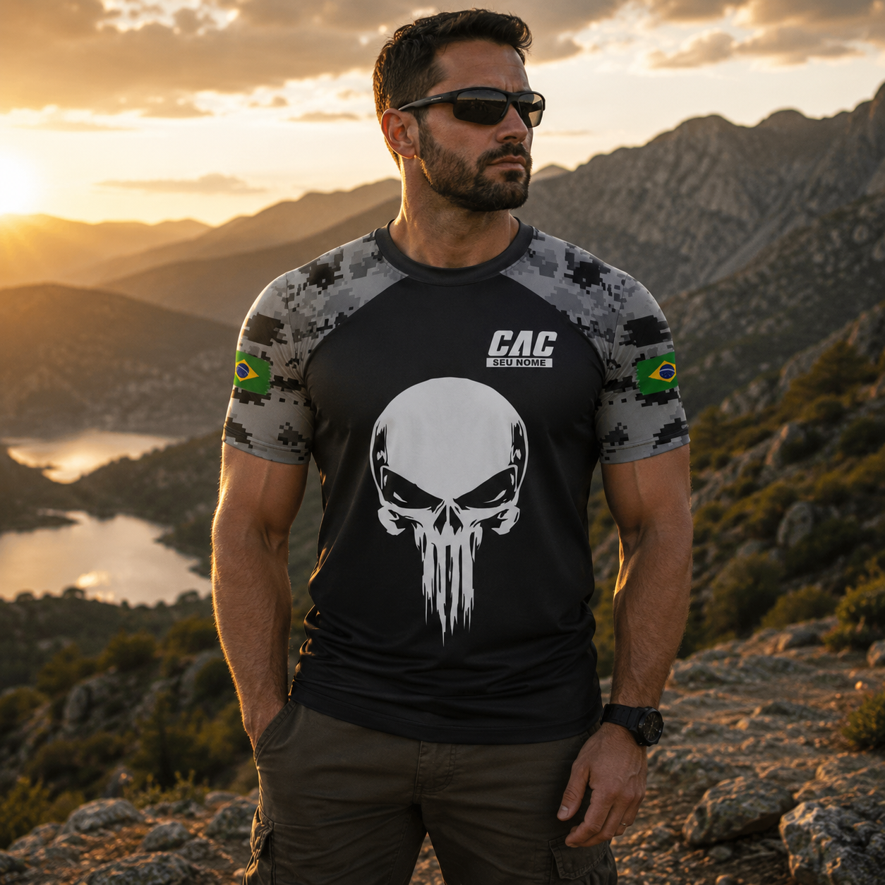 Camiseta Masculina Dry Fit com Proteção UV CAC Atirador Caveira - NOME GRÁTIS