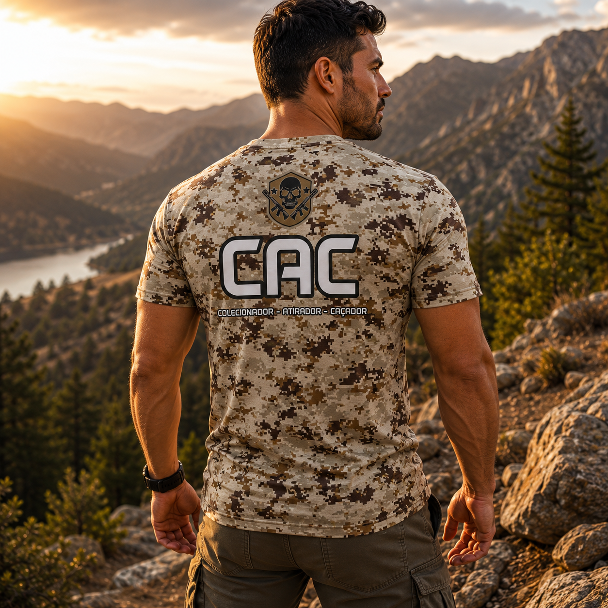 Camiseta Masculina Dry Fit com Proteção UV CAC Atirador Caveira - NOME GRÁTIS