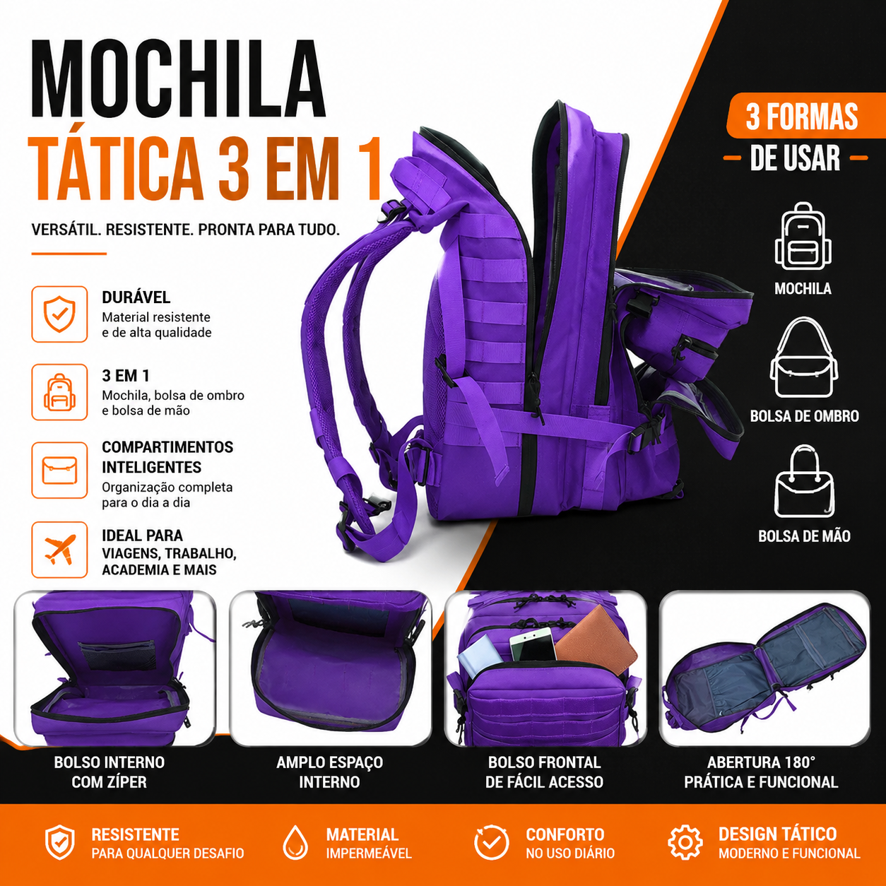 Mochila Tática Outdoor 50 Litros - Roxa