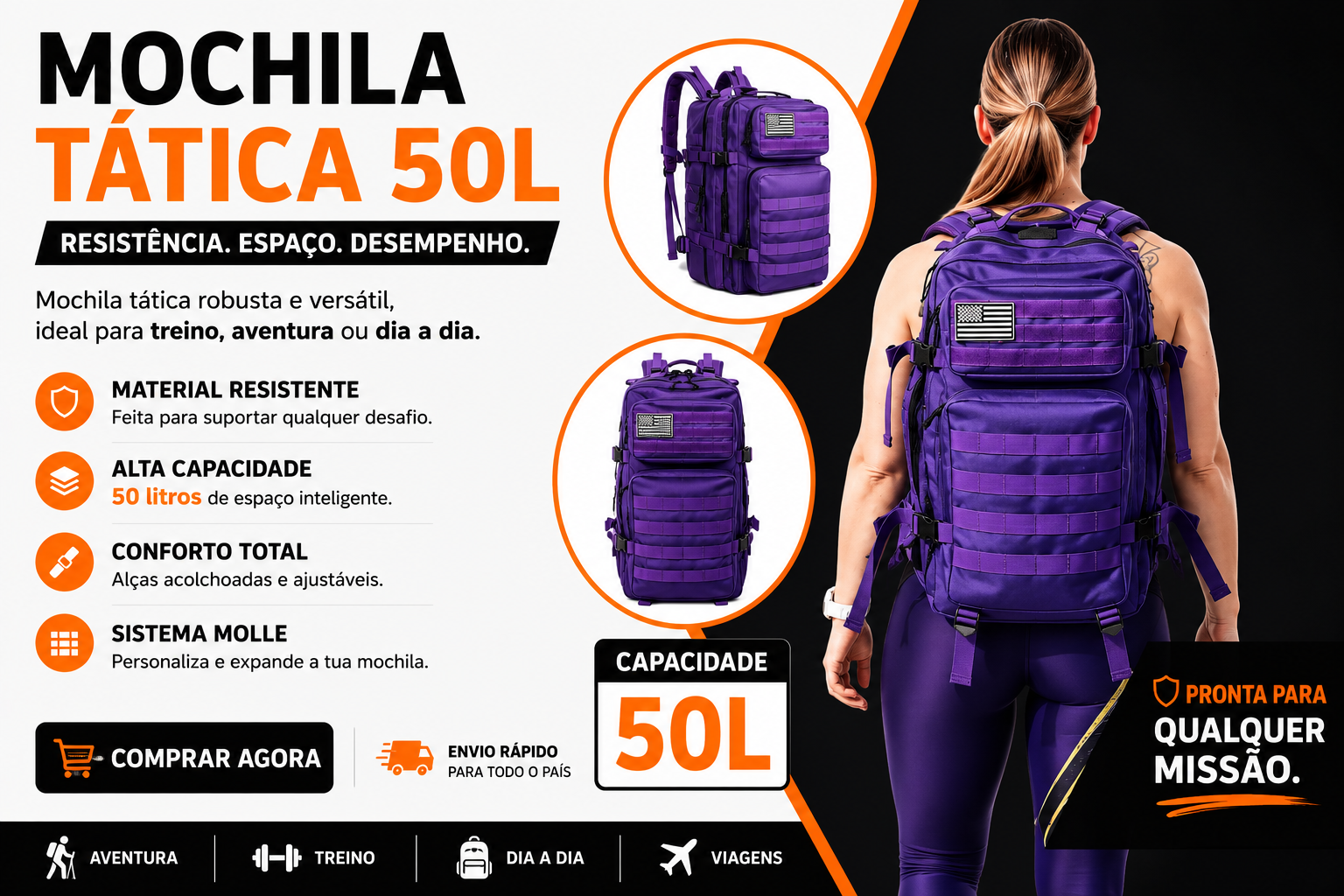 Mochila Tática Outdoor 50 Litros - Roxa