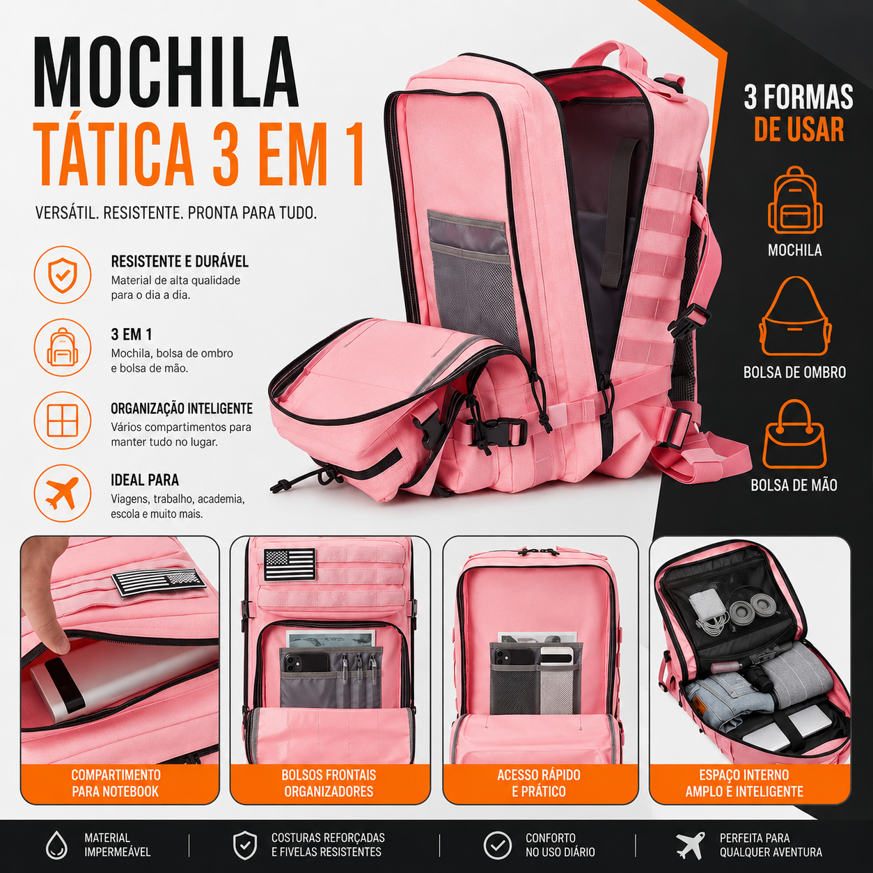 Mochila Tática Outdoor 50 Litros  - Rosa