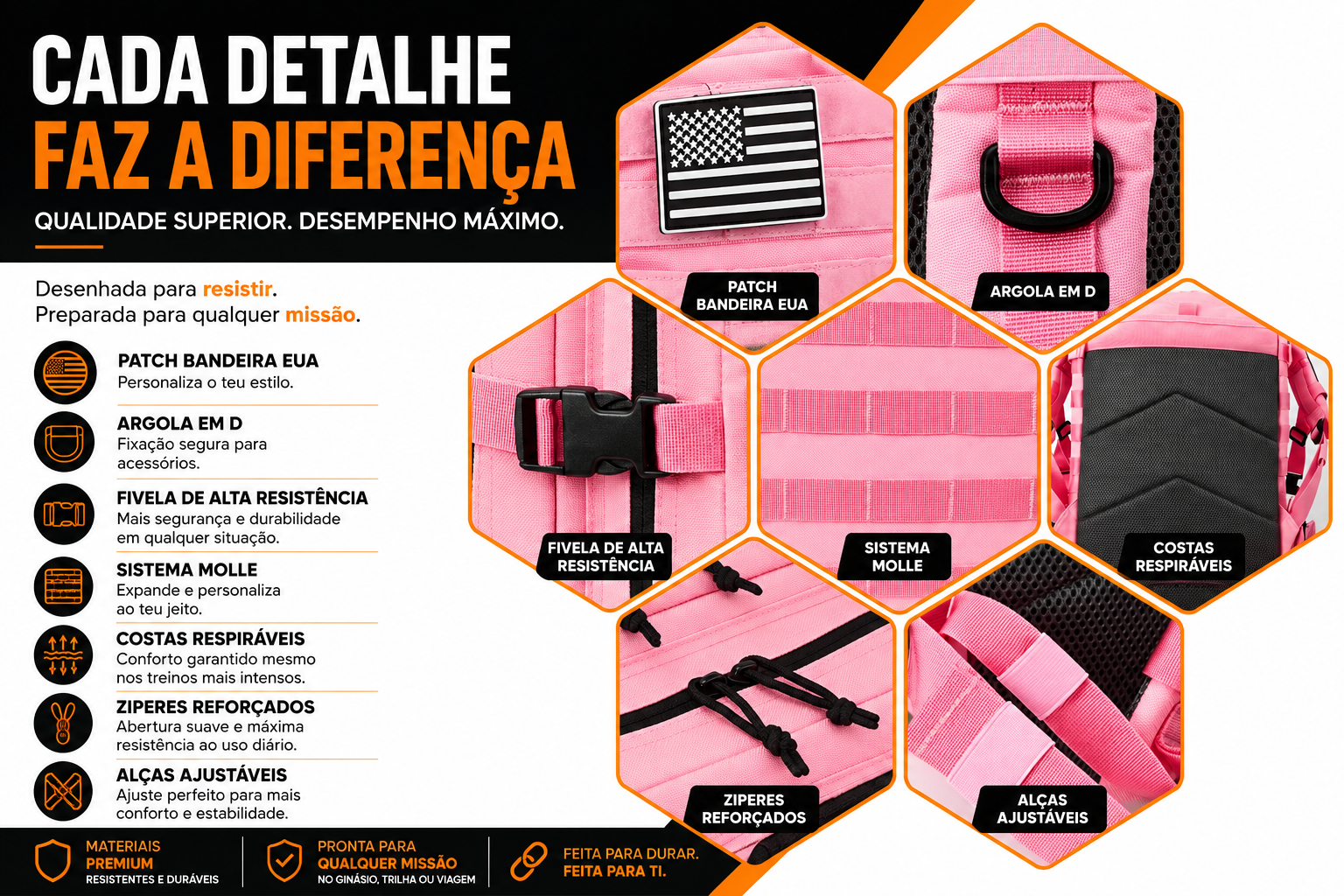 Mochila Tática Outdoor 50 Litros  - Rosa