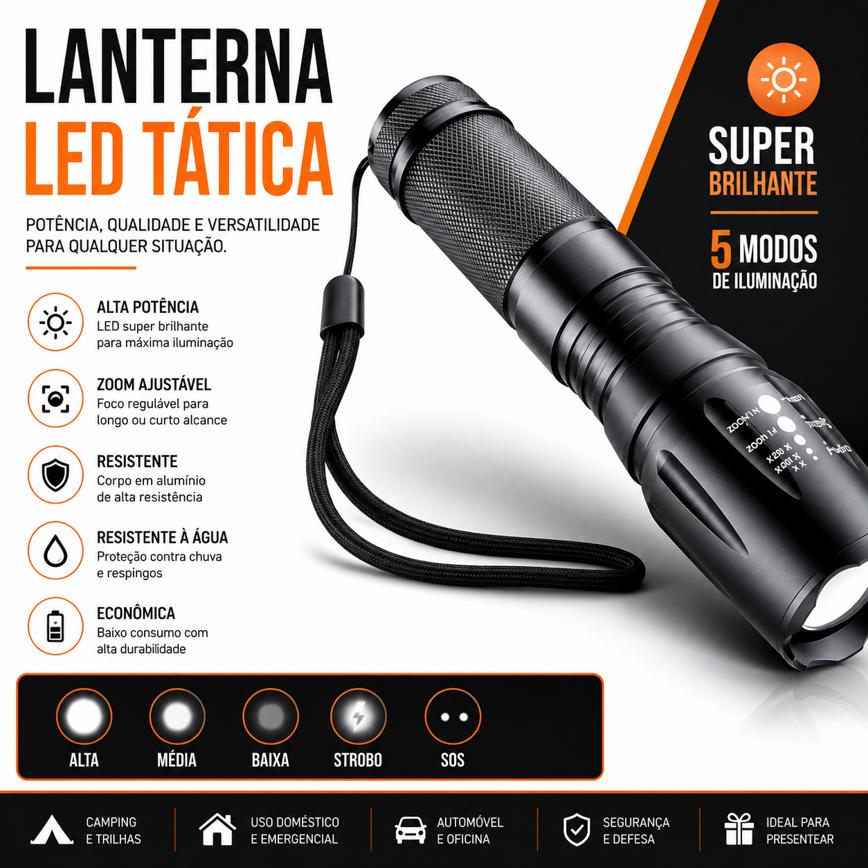 Lanterna Tática Recarregável XTerra - Profissional