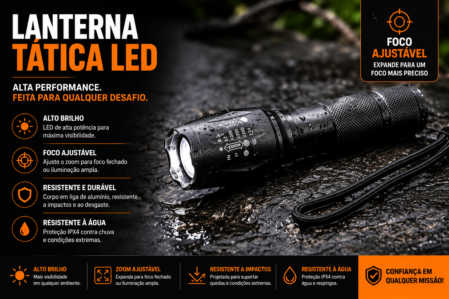 Lanterna Tática Recarregável XTerra - Profissional