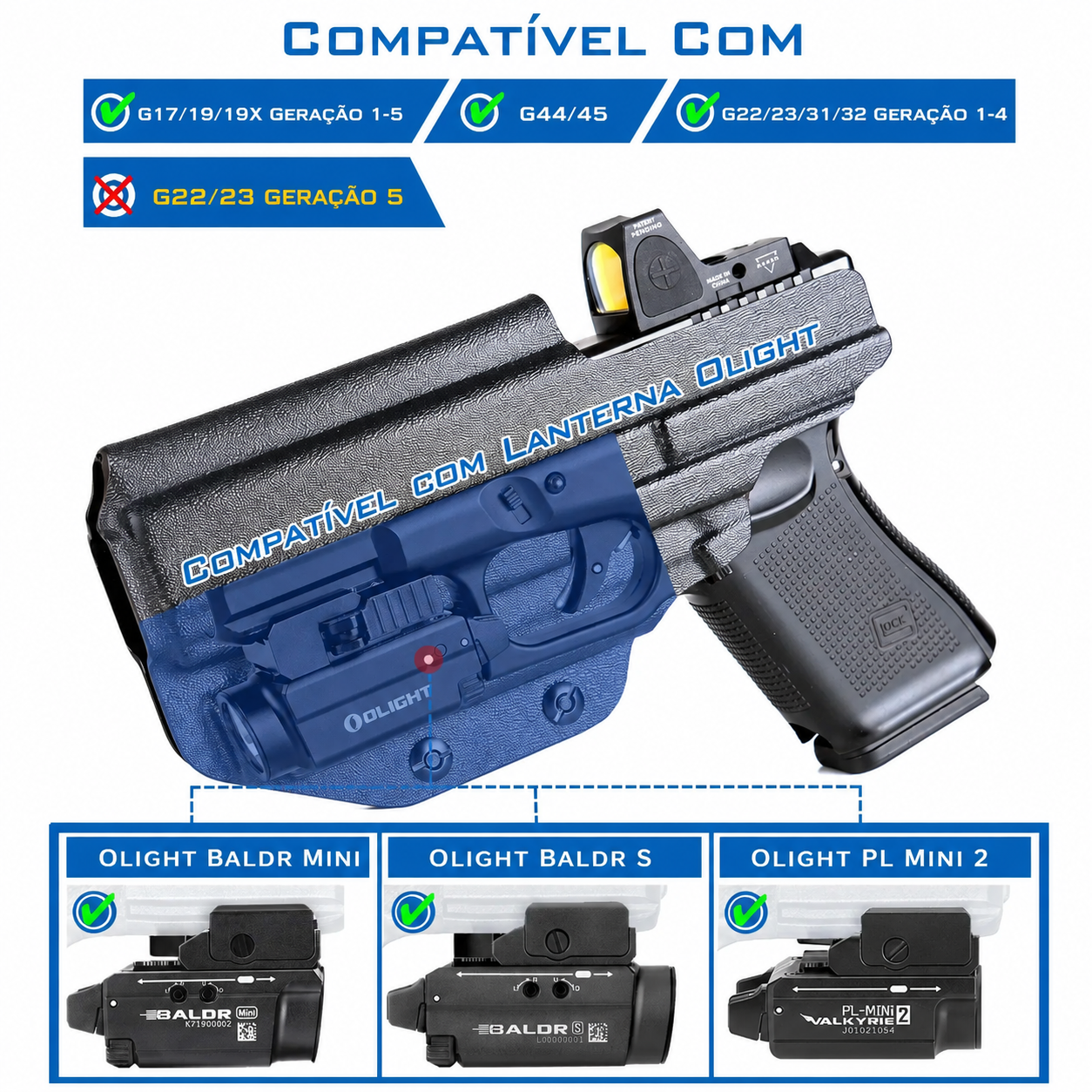 Coldre Velado de Kydex ou Fibra de Carbono p/ Glock - G19 / G19X / G44 / G45 / G22 /G23 / G31 /G32 com Lanterna e Red Dot