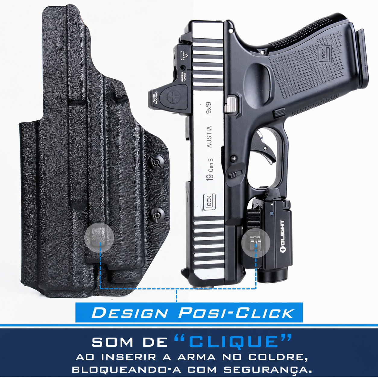 Coldre Velado de Kydex ou Fibra de Carbono p/ Glock - G19 / G19X / G44 / G45 / G22 /G23 / G31 /G32 com Lanterna e Red Dot