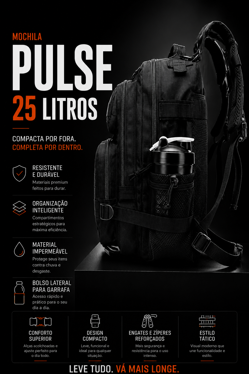 Mochila Tática Pulse 25L - Preta