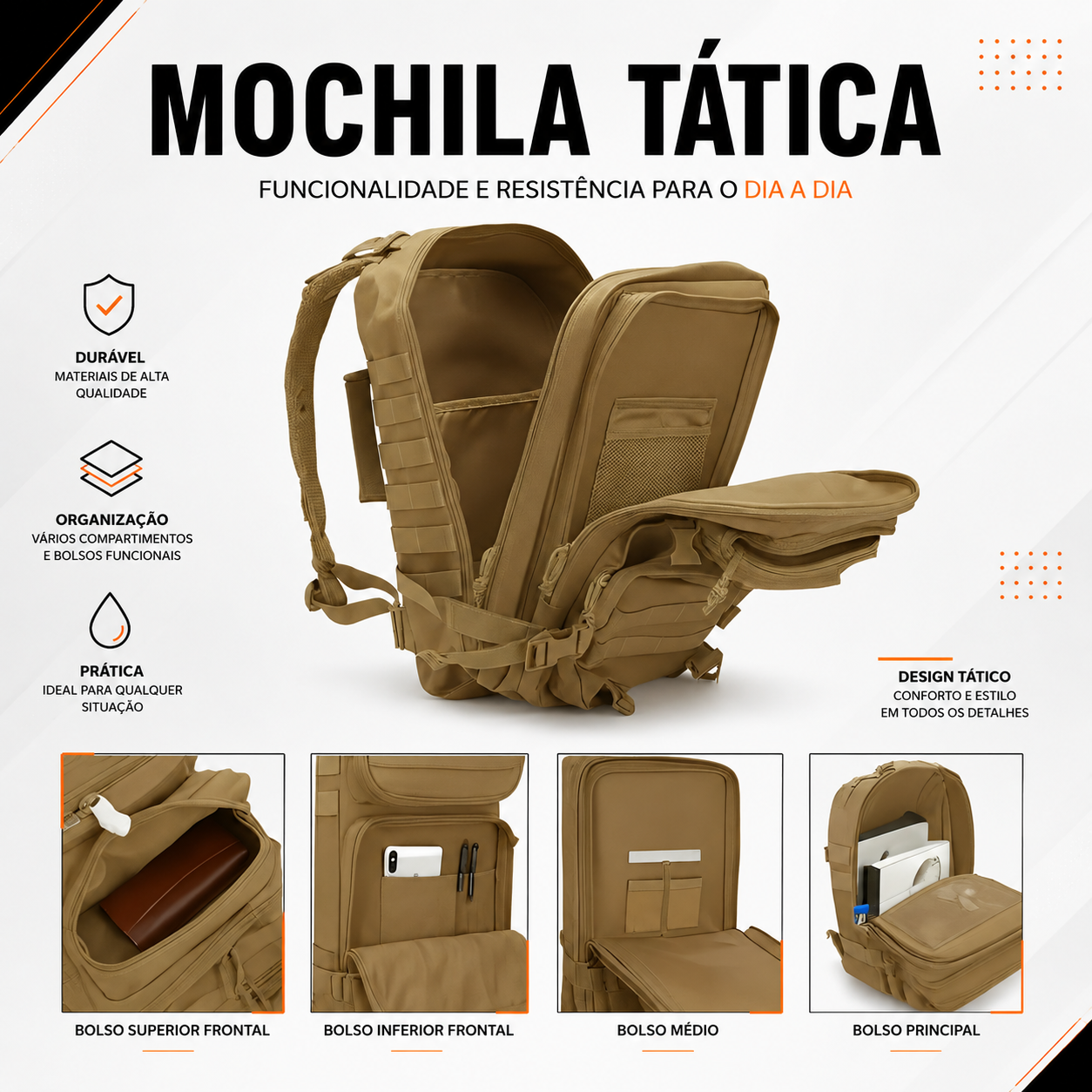 Mochila Tática Outdoor 50 Litros - Cáqui