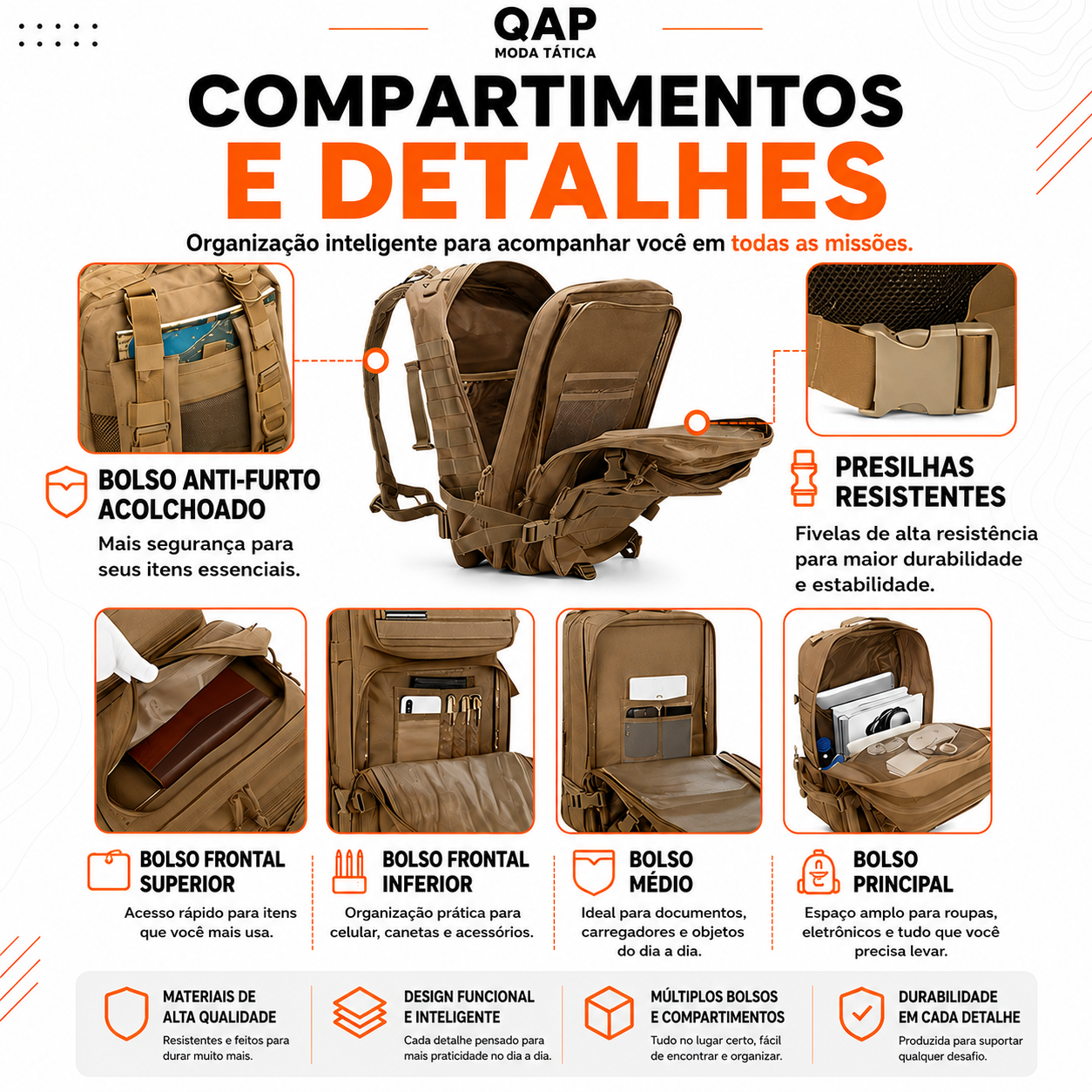 Mochila Tática Outdoor 50 Litros - Cáqui