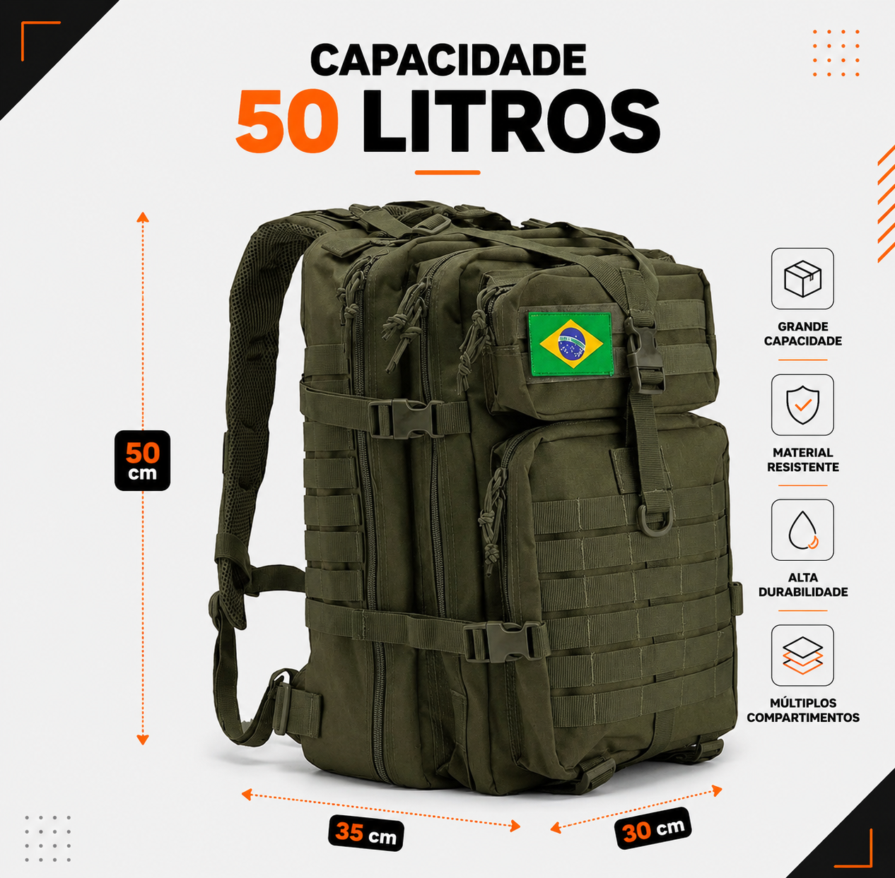 Mochila Tática Outdoor 50 Litros  - Verde Oliva