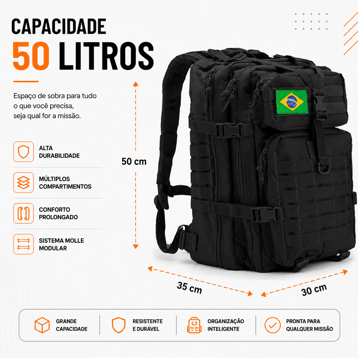 Mochila Tática Outdoor 50 Litros - Preta