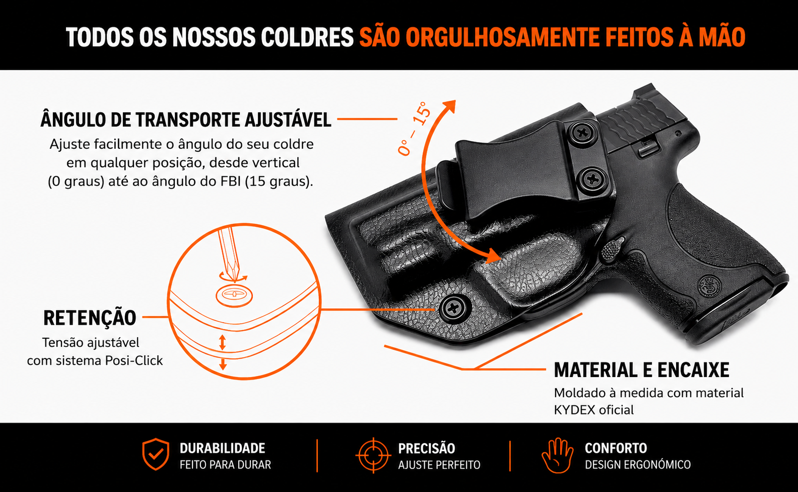 Coldre velado de Kydex para Taurus PT638 e PT640 (Destro)