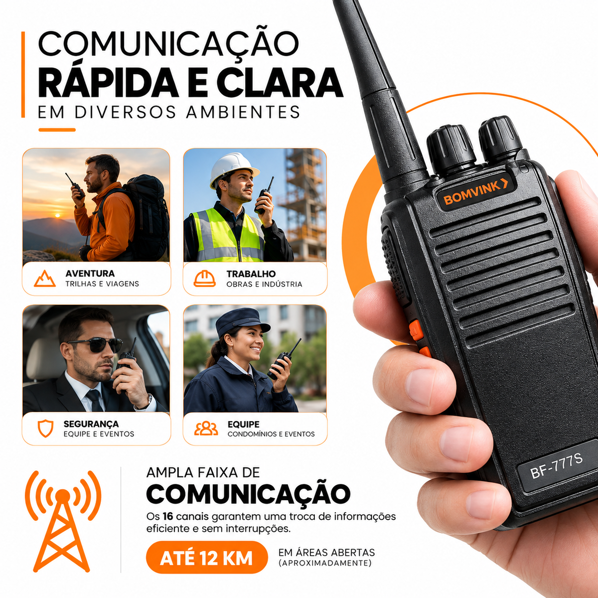 Kit 2 Rádios Comunicadores UHF BOMVINK - Alcance até 12 KM