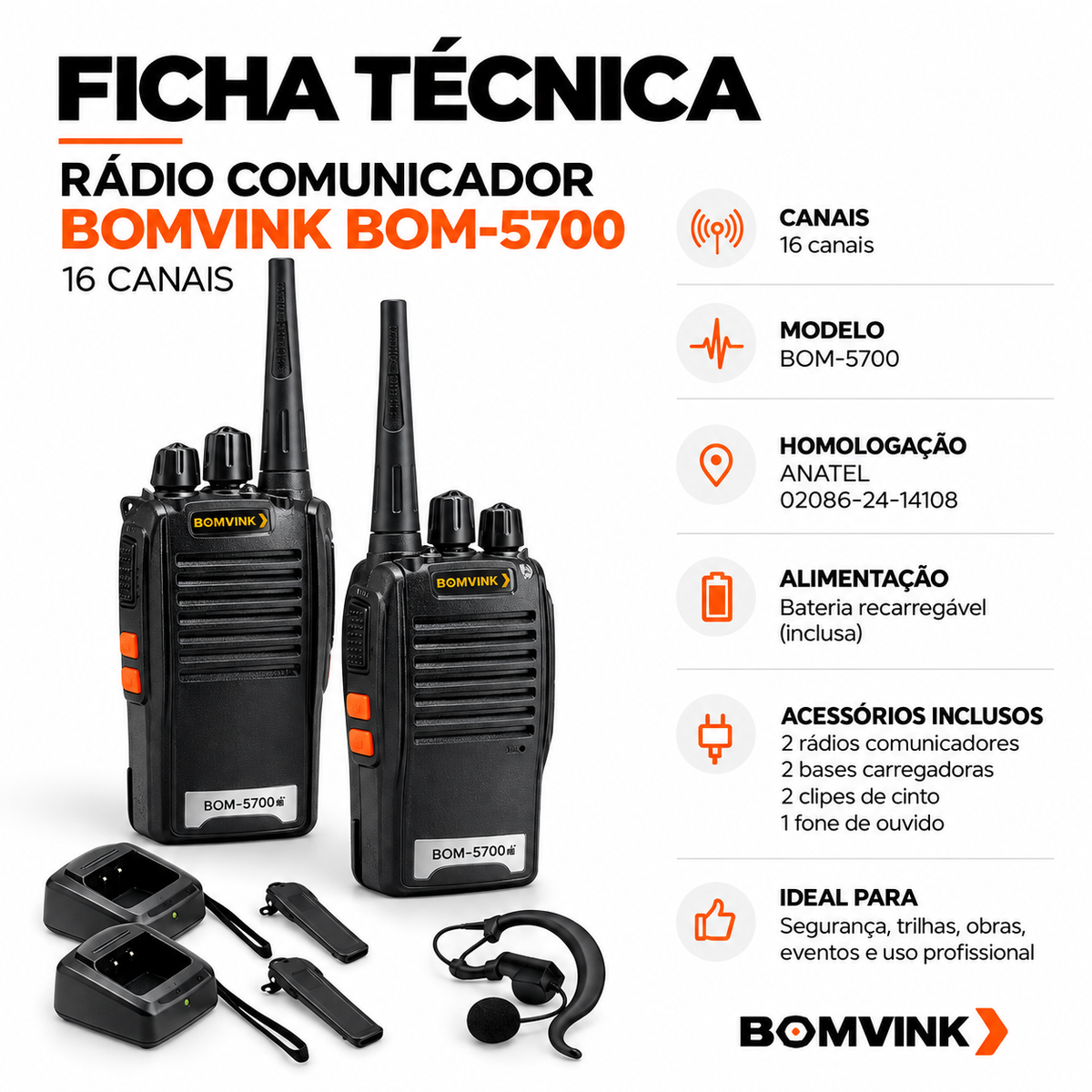 Kit 2 Rádios Comunicadores UHF BOMVINK - Alcance até 12 KM
